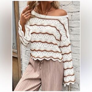 NWOT SHEIN LUNE Striped Pattern Drop Shoulder Pointelle Knit Top